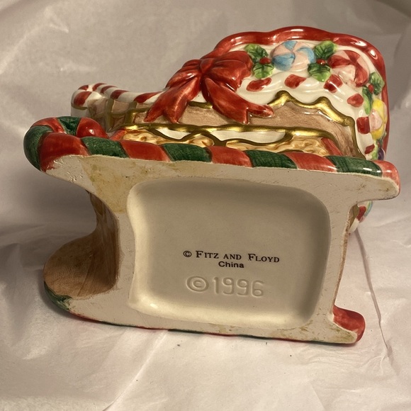 90s Fitz And Floyd Christmas Sleigh Figurine candy sugar bowl 1995 vintage used - Picture 3 of 16